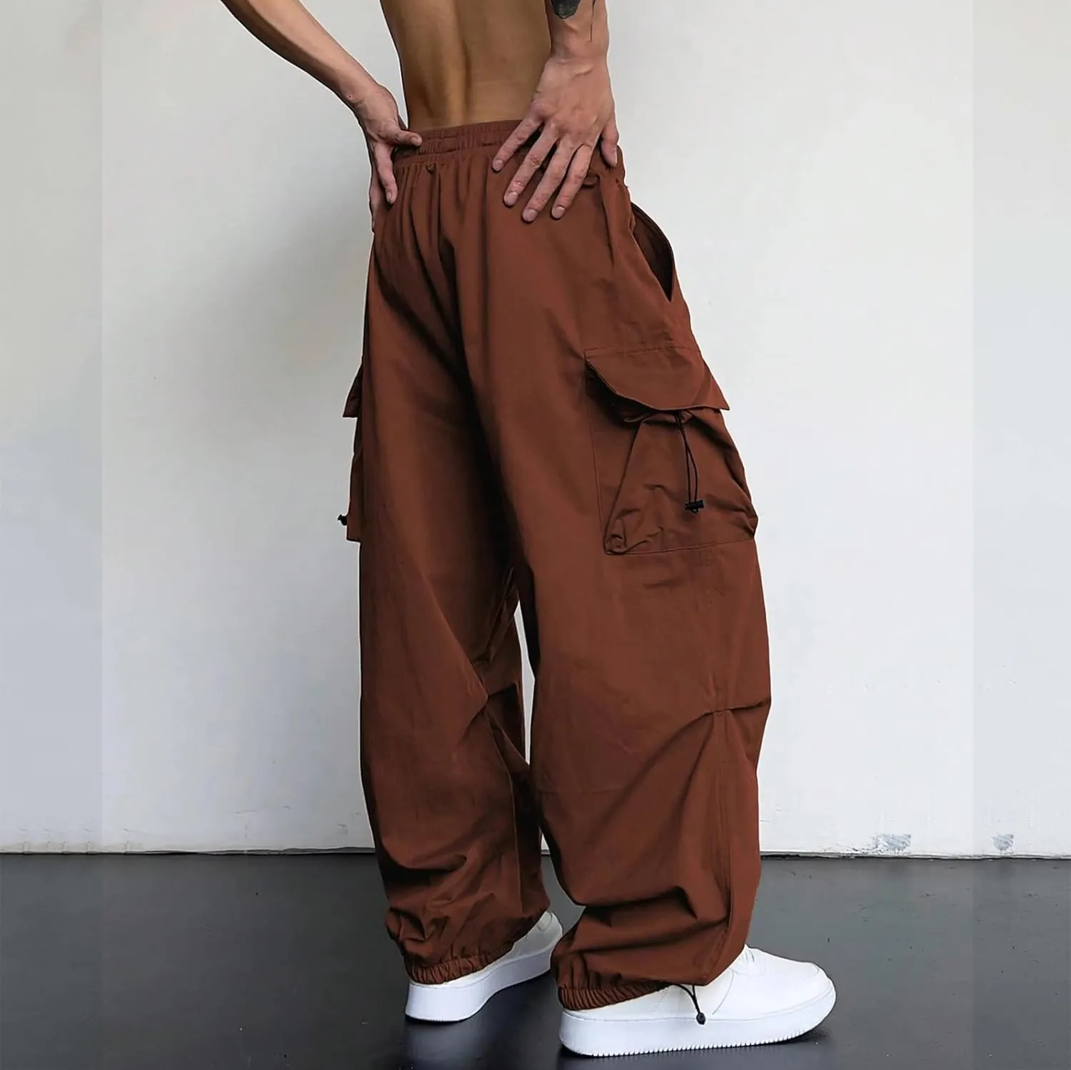Men's Baggy Cargo Pants Trendy Casual Pants, Loose Fit Drawstring Rope Cargo Joggers with Pockets Streetwear