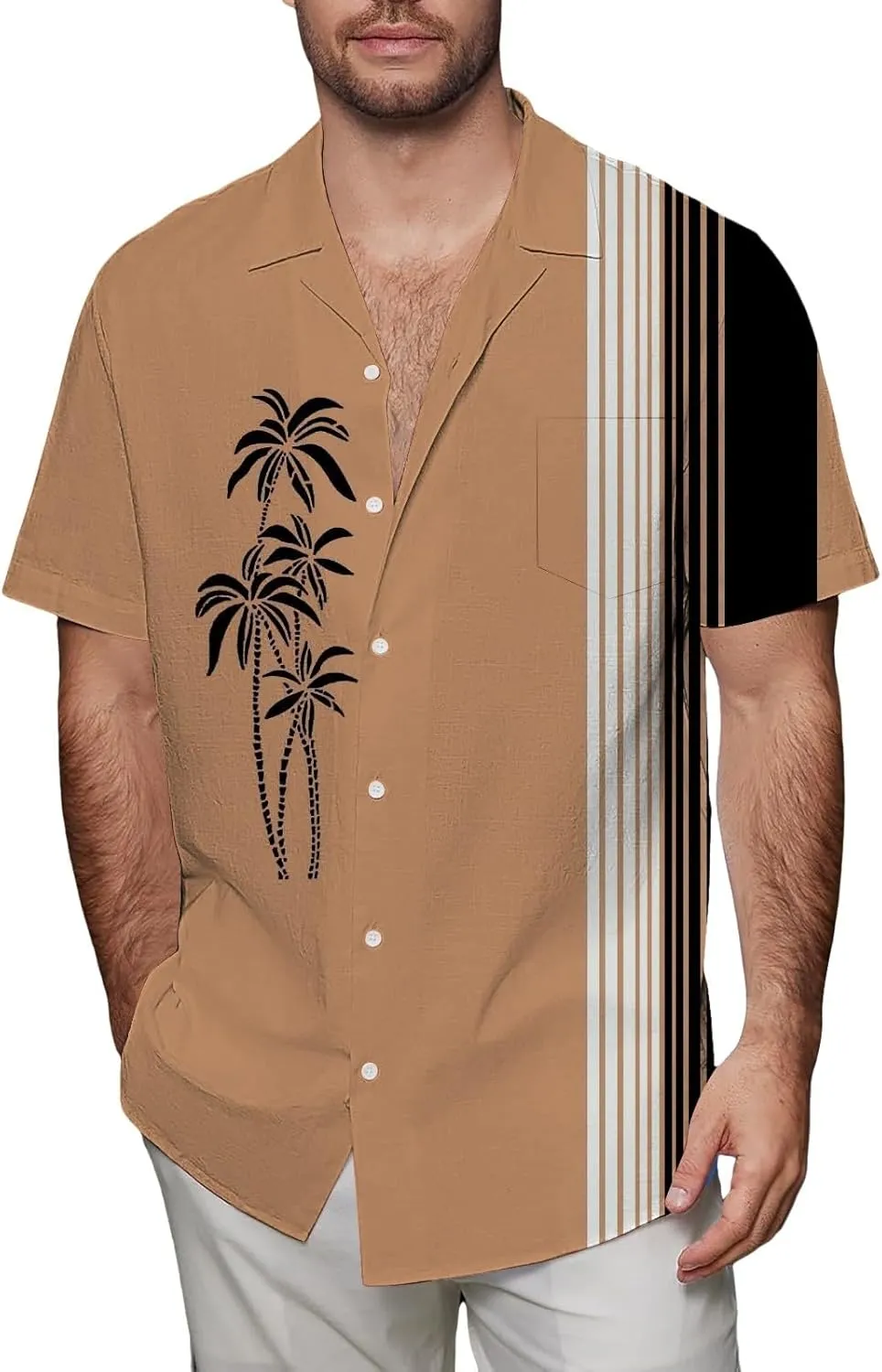 Men's Bowling Shirts Short Sleeve Button Down Dress Top Stylish Thin Breathable Summer Palm Print Beach Hippie Shirts