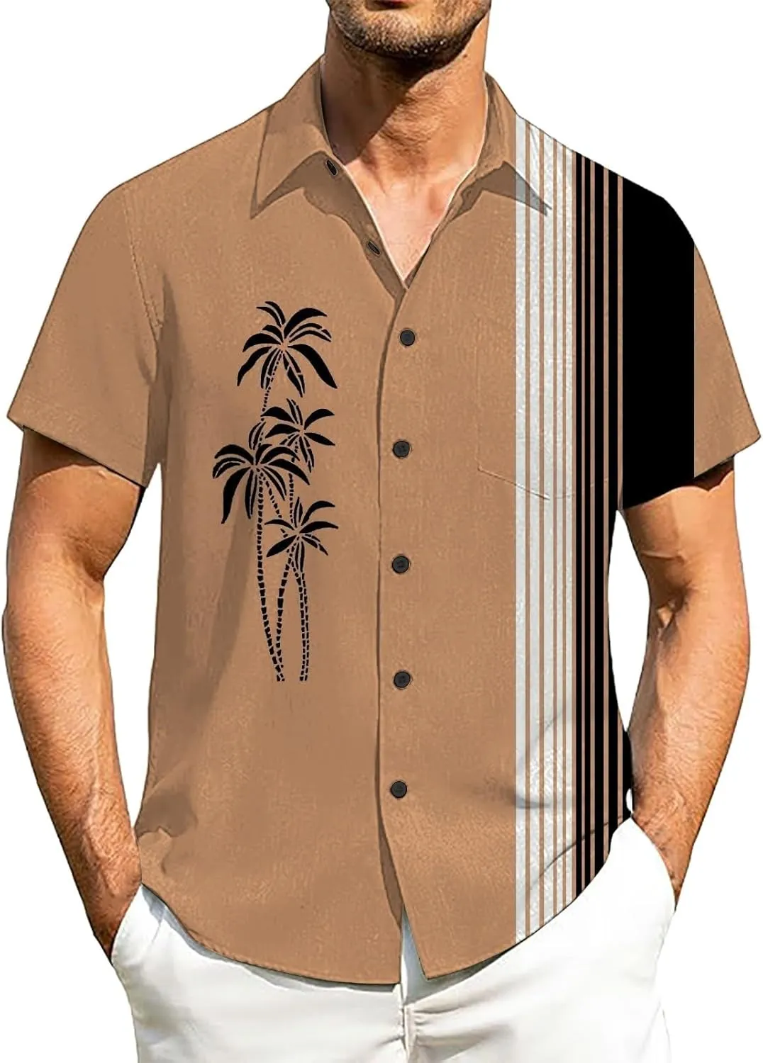 Men's Bowling Shirts Short Sleeve Button Down Dress Top Stylish Thin Breathable Summer Palm Print Beach Hippie Shirts