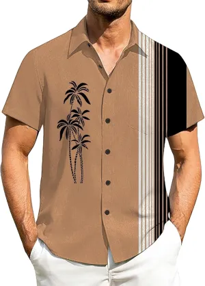 Men's Bowling Shirts Short Sleeve Button Down Dress Top Stylish Thin Breathable Summer Palm Print Beach Hippie Shirts