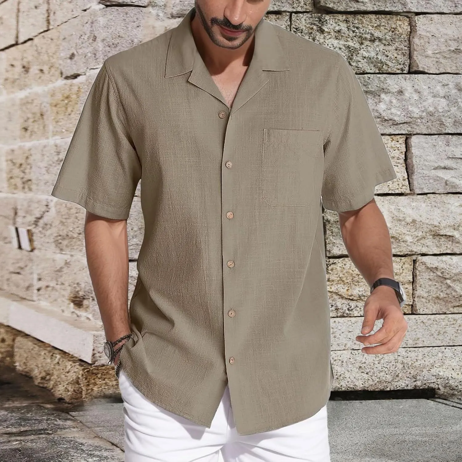 Mens Button Down Shirts Summer Casual Beach T-Shirts Short Sleeve V-neck Lapel Tops Solid Color Loose Comfy Tees