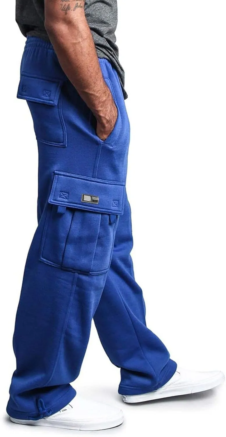 Mens Cargo Sweatpants, Heavyweight Fleece Lined, Wide Leg Joggers, Elastic Waist with Drawstring, Multiple Pockets
