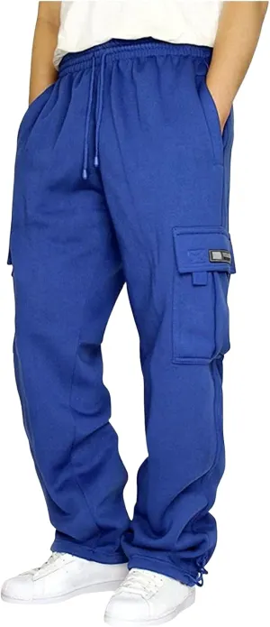 Mens Cargo Sweatpants, Heavyweight Fleece Lined, Wide Leg Joggers, Elastic Waist with Drawstring, Multiple Pockets