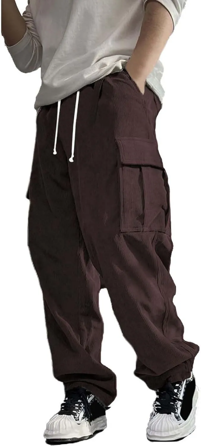 Men's Casual Corduroy Pants Plain Elastic Waist Drawstring Baggy Sweatpants Loose Straight Leg Trousers with Pockets