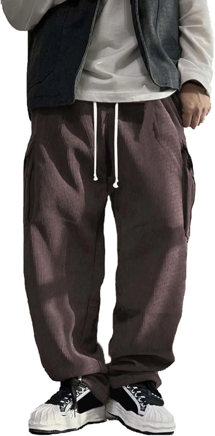 Men's Casual Corduroy Pants Plain Elastic Waist Drawstring Baggy Sweatpants Loose Straight Leg Trousers with Pockets