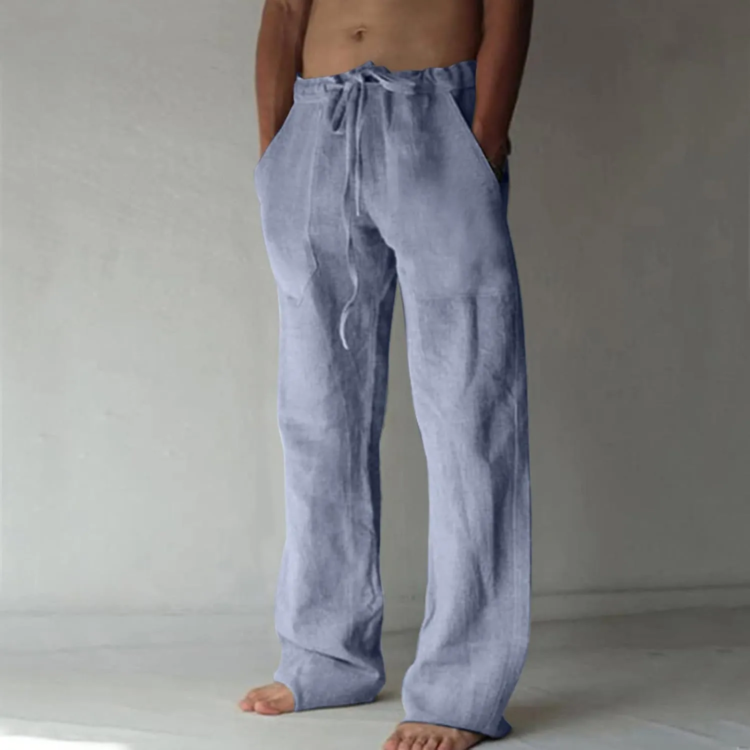 Mens Casual Cotton Linen Pants Loose Fit Elastic Waist Straight-Legs Slacks Drawstring Yoga Beach Pants
