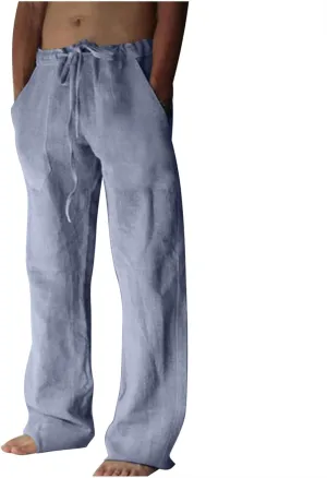 Mens Casual Cotton Linen Pants Loose Fit Elastic Waist Straight-Legs Slacks Drawstring Yoga Beach Pants