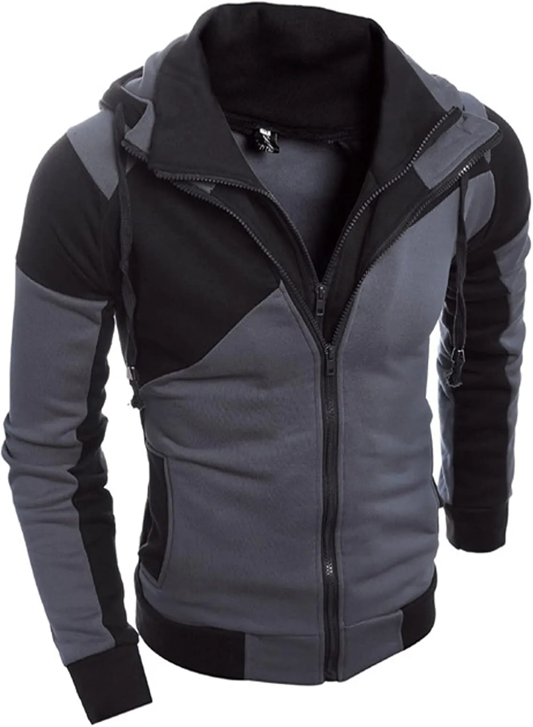 Mens Casual Hoodies Pullover Fake Two-Piece Sports Sweatshirt Long Sleeve Zipper Hooded Jacket Coats Hoodies