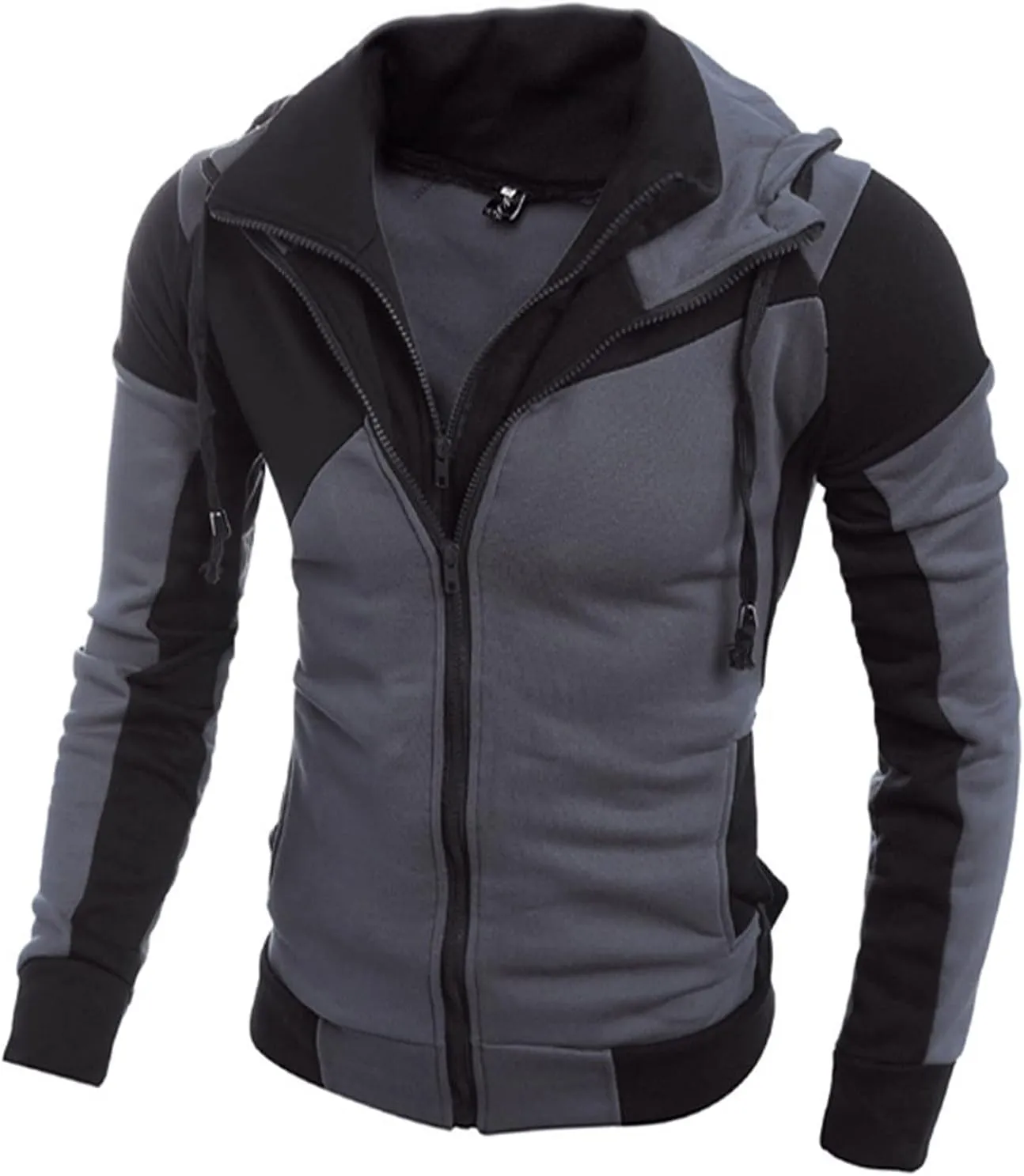 Mens Casual Hoodies Pullover Fake Two-Piece Sports Sweatshirt Long Sleeve Zipper Hooded Jacket Coats Hoodies