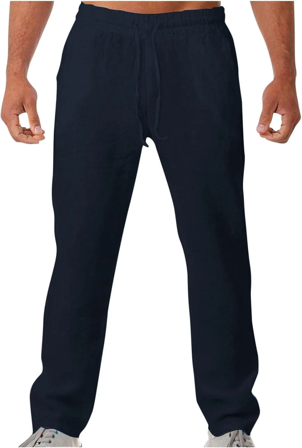 Mens Casual Linen Pants Elastic Drawstring Waist Straight-Legs Slacks Summer Yoga Outdoor Beach Vacation Trousers