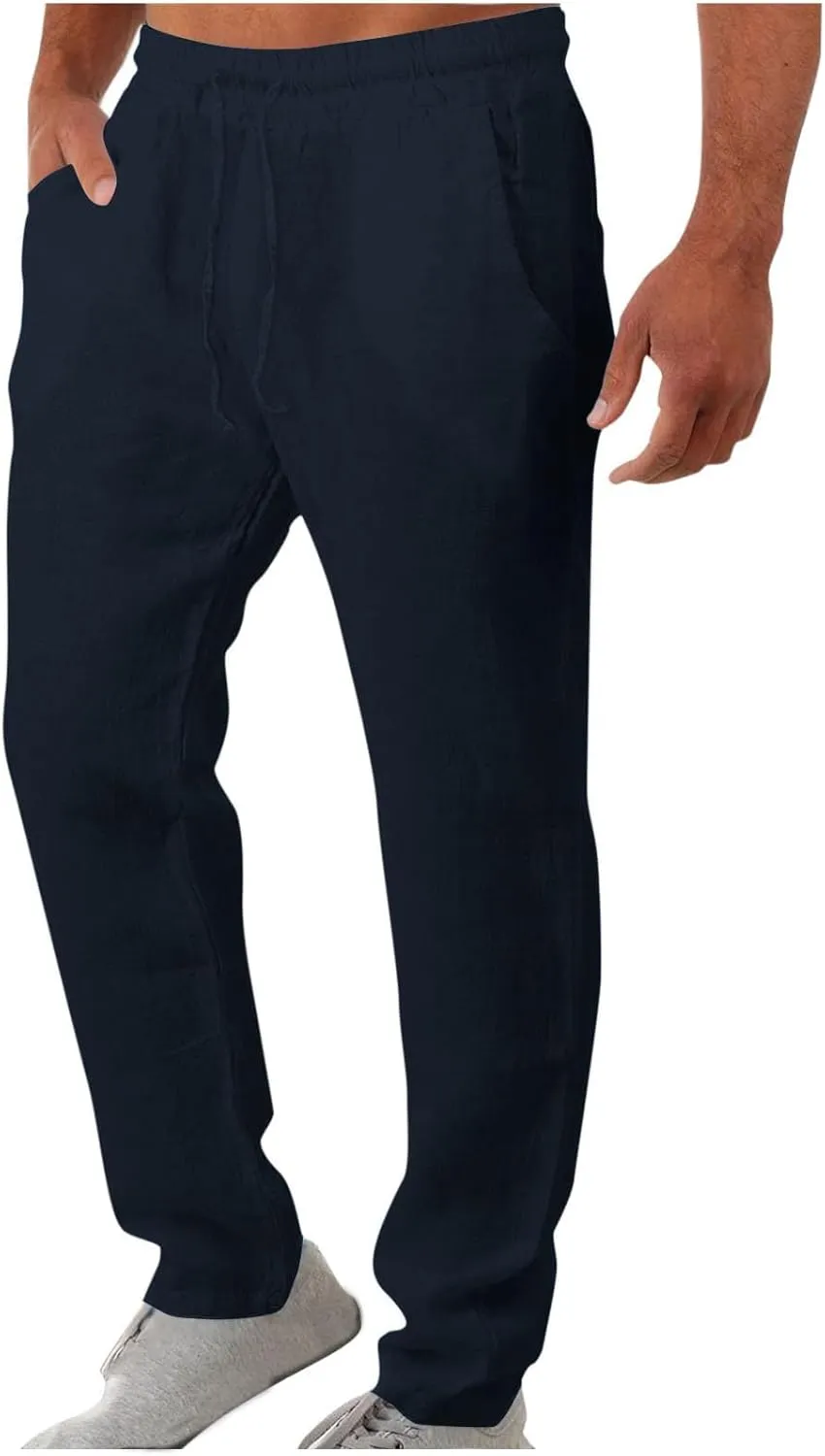 Mens Casual Linen Pants Elastic Drawstring Waist Straight-Legs Slacks Summer Yoga Outdoor Beach Vacation Trousers