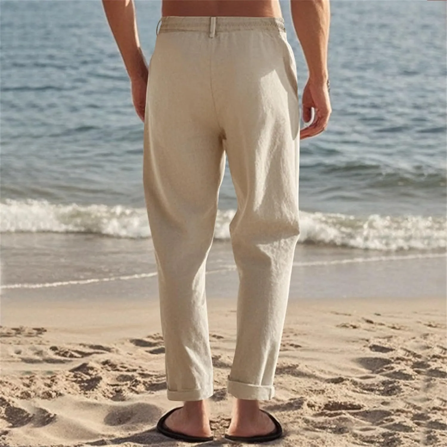 Mens Casual Linen Pants Lightweight Elastic Waist Vacation Yoga Pant Straight-Legs Beach Slacks Drawstring Trouser