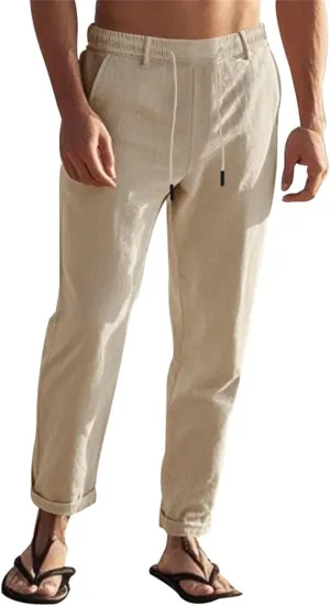 Mens Casual Linen Pants Lightweight Elastic Waist Vacation Yoga Pant Straight-Legs Beach Slacks Drawstring Trouser