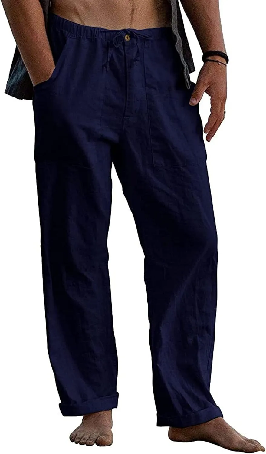 Men's Casual Linen Pants Summer Beach Yoga Trousers Elastic Waist Drawstring Pants Loose Fit Solid Pants with Pockets