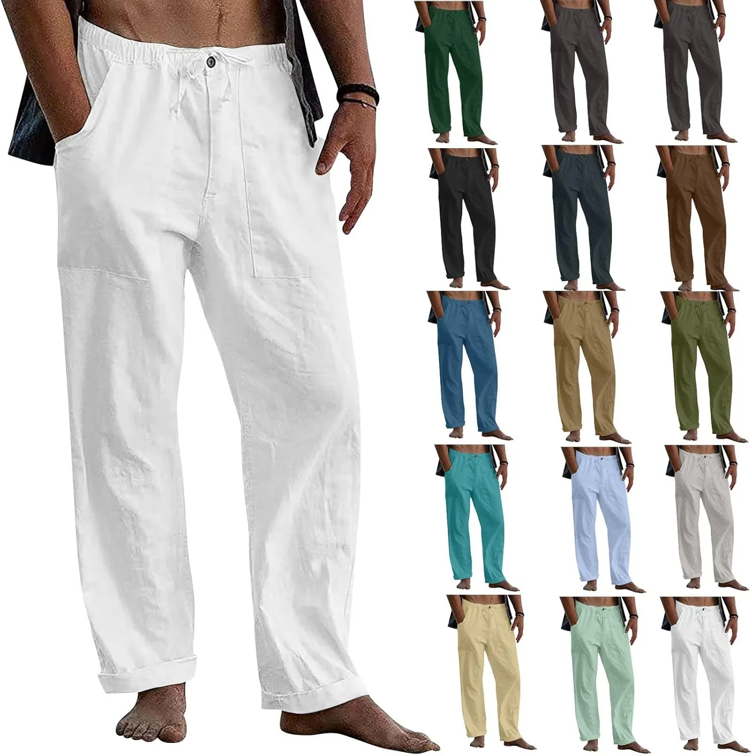Men's Casual Linen Pants Summer Beach Yoga Trousers Elastic Waist Drawstring Pants Loose Fit Solid Pants with Pockets