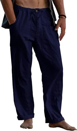 Men's Casual Linen Pants Summer Beach Yoga Trousers Elastic Waist Drawstring Pants Loose Fit Solid Pants with Pockets