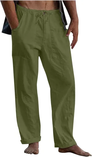 Men's Casual Linen Pants Summer Beach Yoga Trousers Elastic Waist Drawstring Pants Loose Fit Solid Pants with Pockets