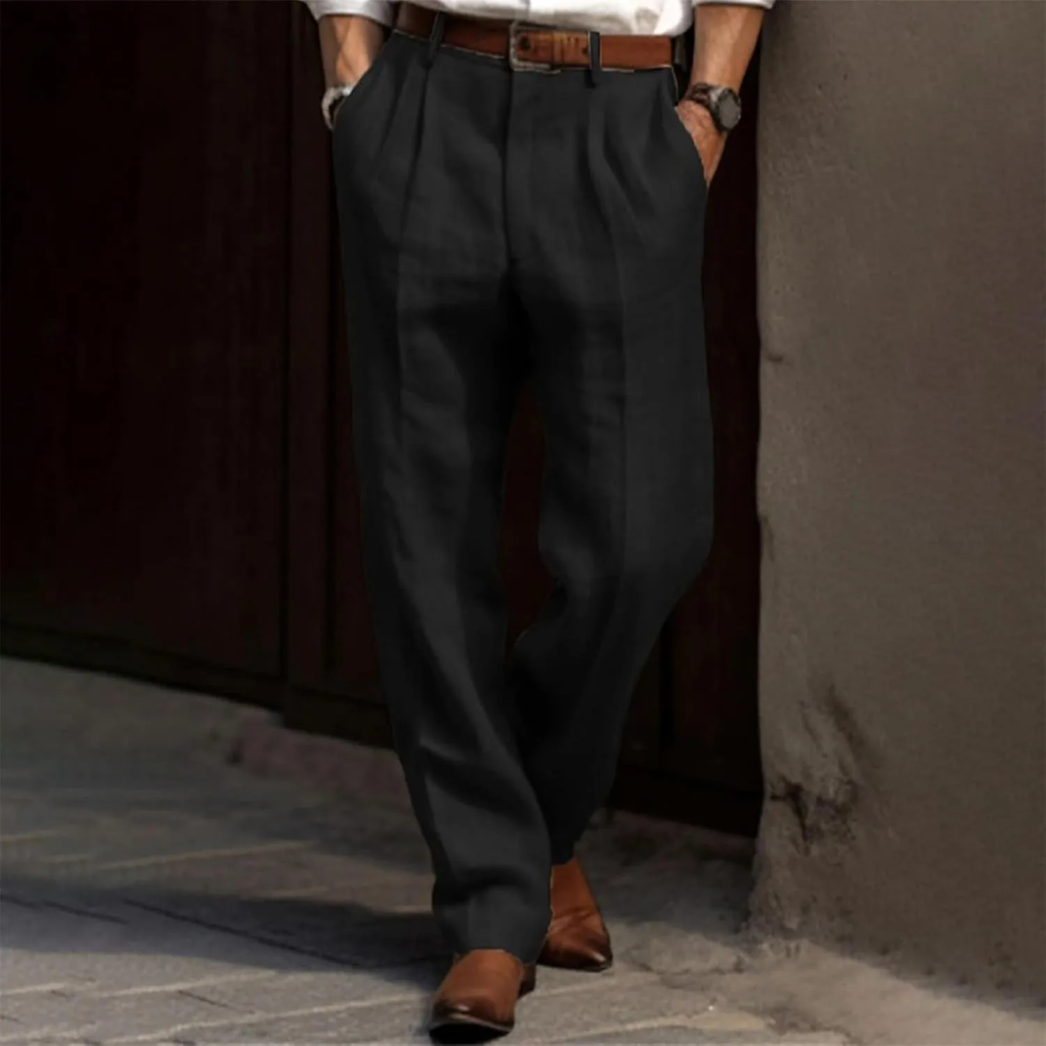 Mens Casual Plain Pants Drawstring Elastic Waist Straight Leg Linen Loose Fit Trousers Breathable Cotton Sweatpants