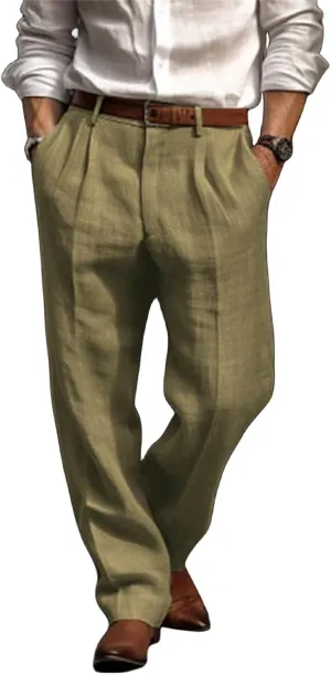 Mens Casual Plain Pants Drawstring Elastic Waist Straight Leg Linen Loose Fit Trousers Breathable Cotton Sweatpants
