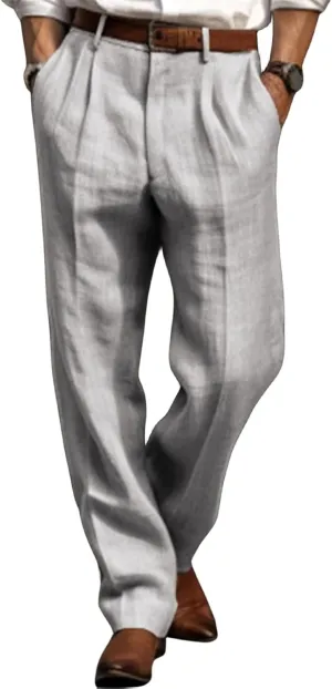 Mens Casual Plain Pants Drawstring Elastic Waist Straight Leg Linen Loose Fit Trousers Breathable Cotton Sweatpants