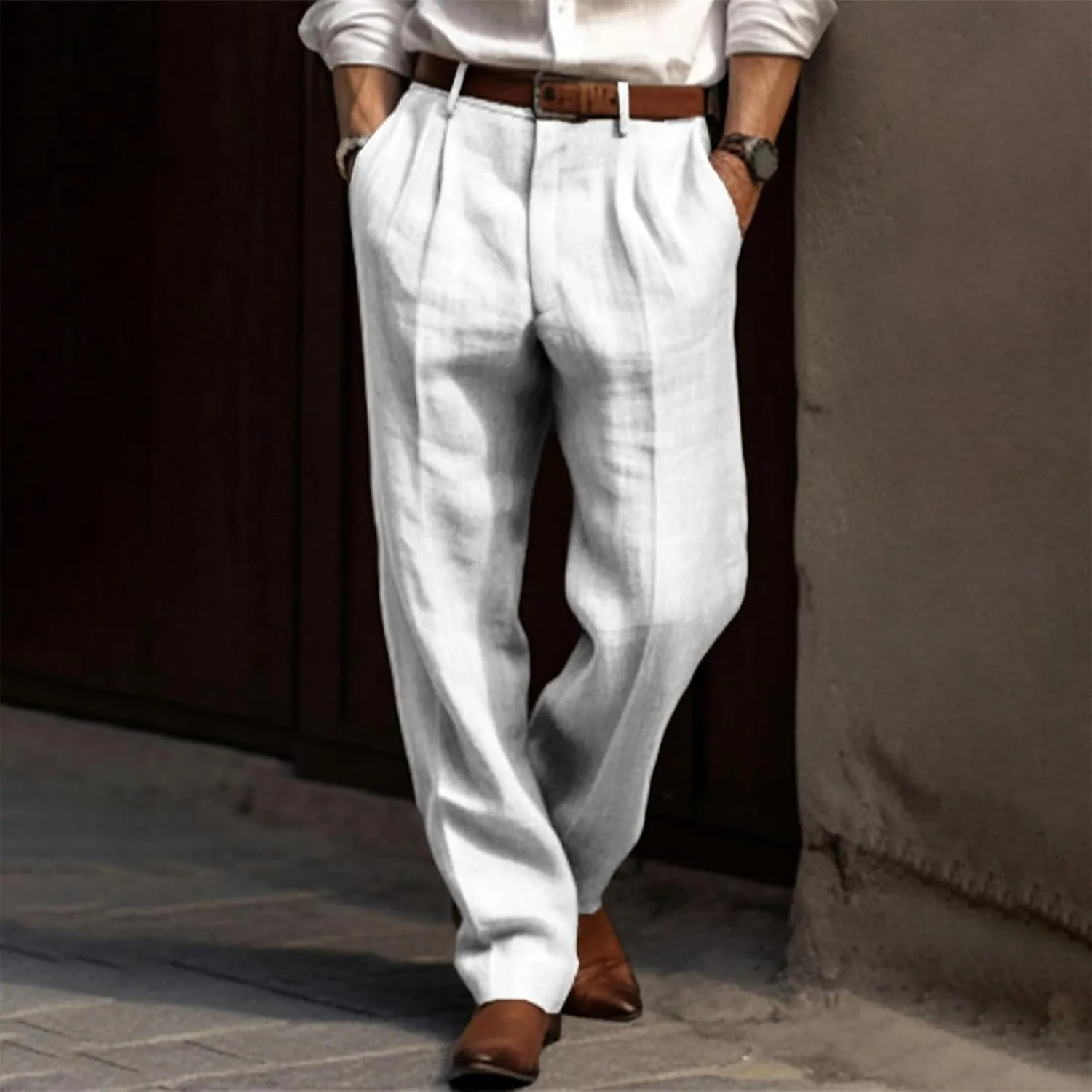Mens Casual Plain Pants Drawstring Elastic Waist Straight Leg Linen Loose Fit Trousers Breathable Cotton Sweatpants