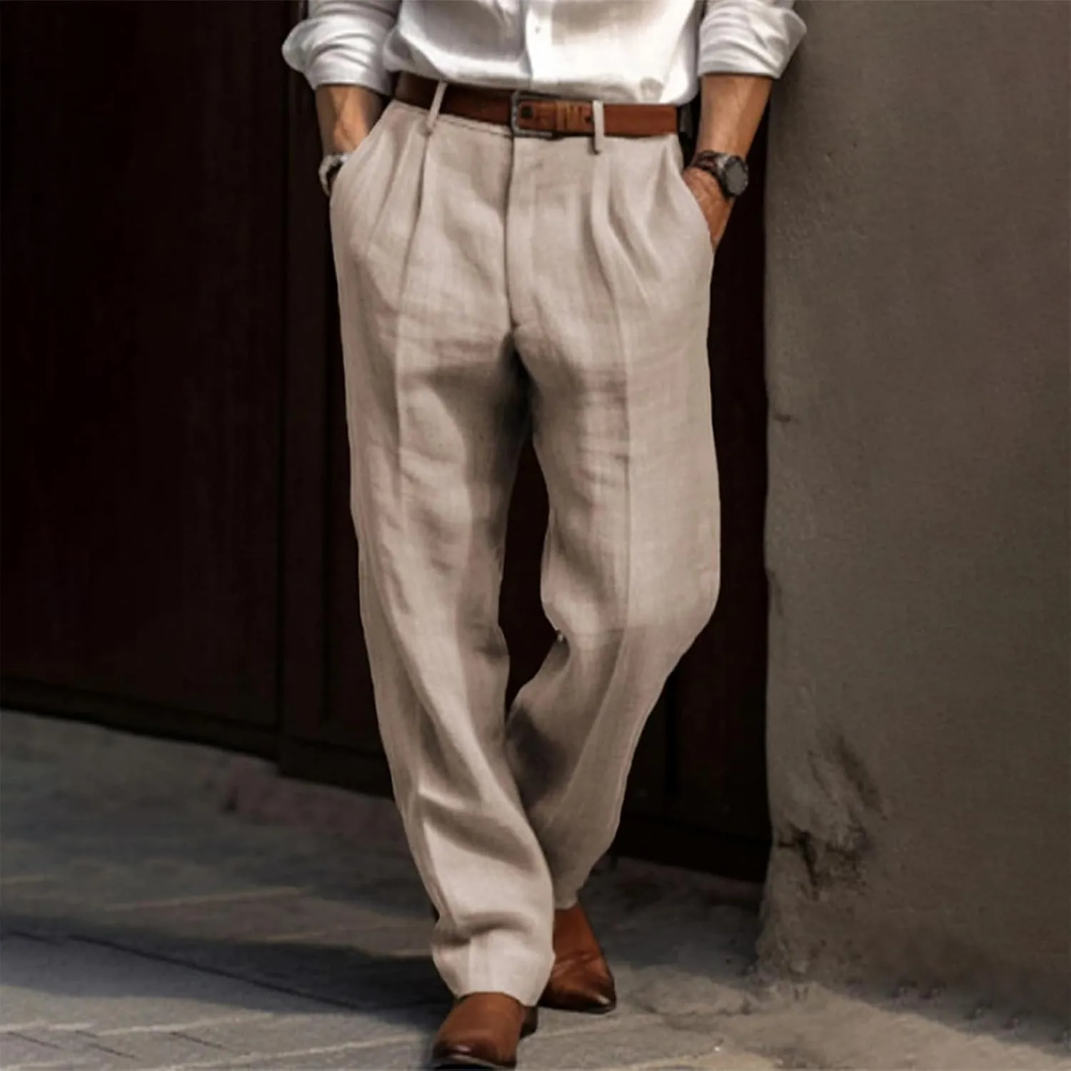 Mens Casual Plain Pants Drawstring Elastic Waist Straight Leg Linen Loose Fit Trousers Breathable Cotton Sweatpants