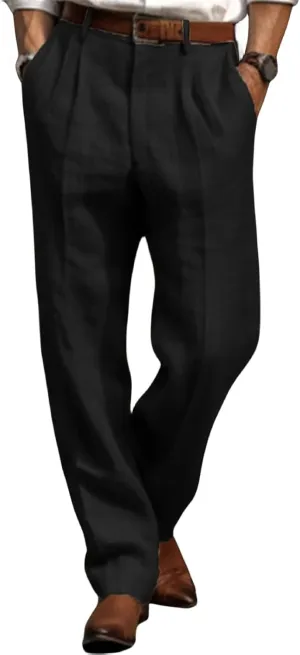 Mens Casual Plain Pants Drawstring Elastic Waist Straight Leg Linen Loose Fit Trousers Breathable Cotton Sweatpants