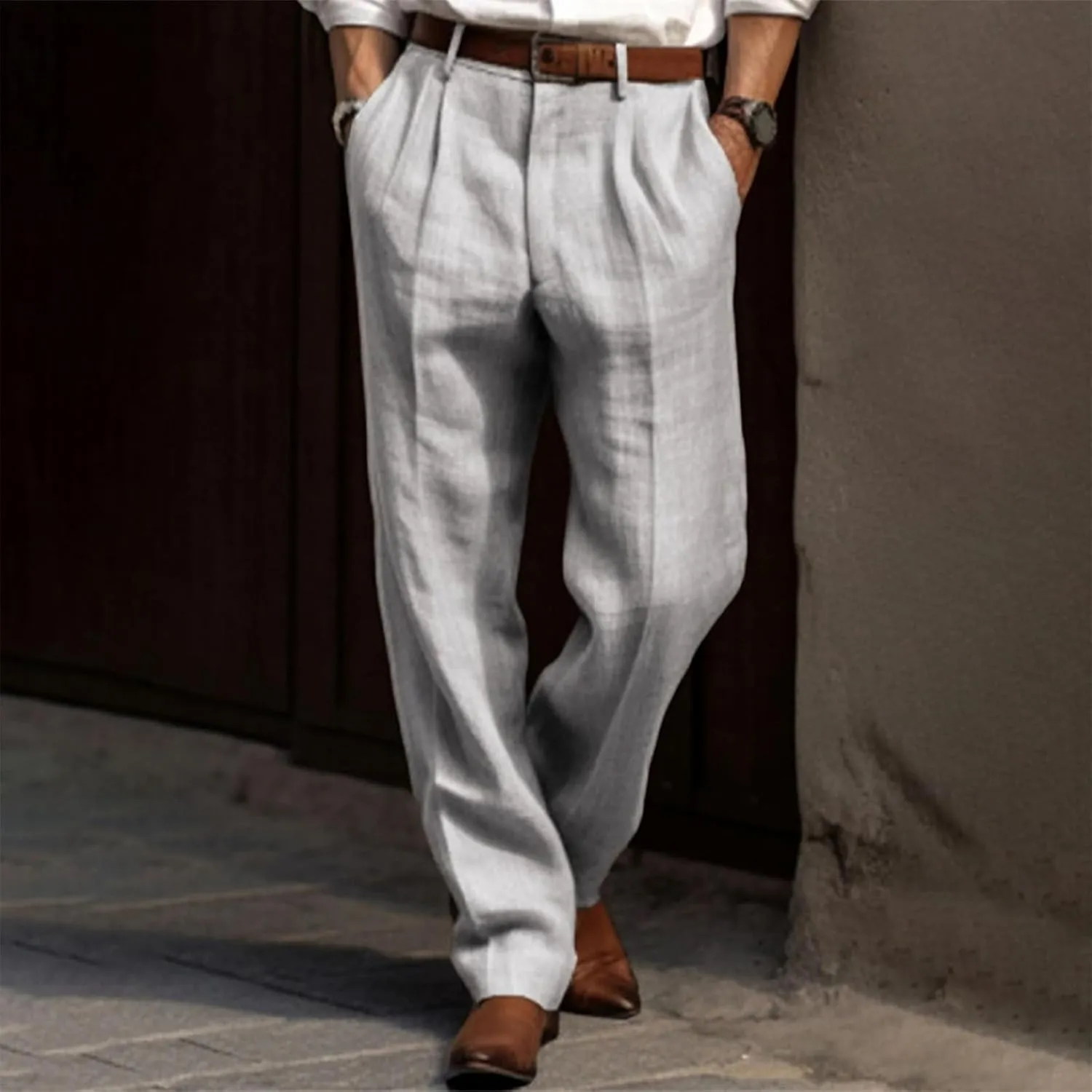 Mens Casual Plain Pants Drawstring Elastic Waist Straight Leg Linen Loose Fit Trousers Breathable Cotton Sweatpants