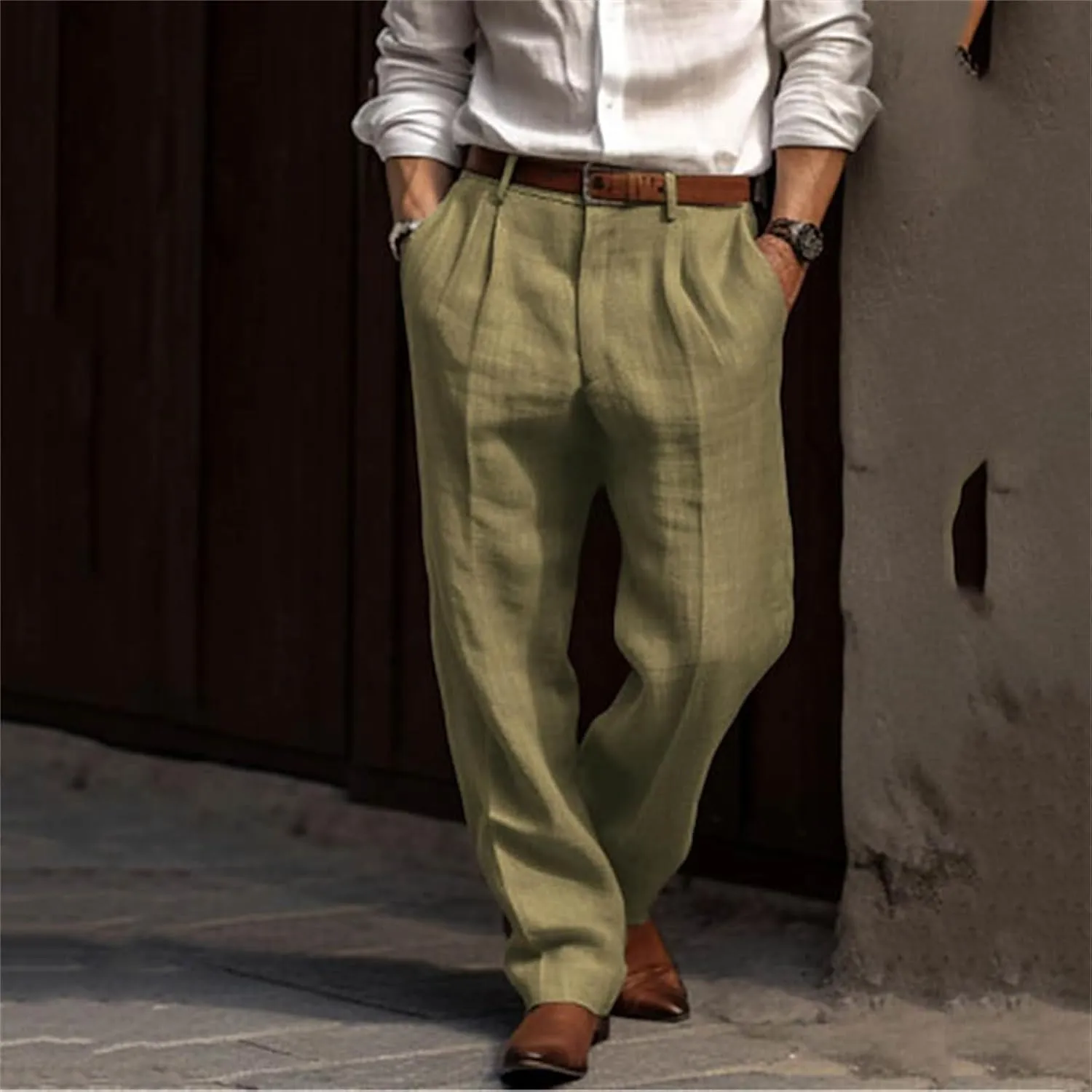 Mens Casual Plain Pants Drawstring Elastic Waist Straight Leg Linen Loose Fit Trousers Breathable Cotton Sweatpants