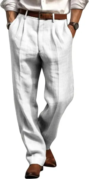 Mens Casual Plain Pants Drawstring Elastic Waist Straight Leg Linen Loose Fit Trousers Breathable Cotton Sweatpants