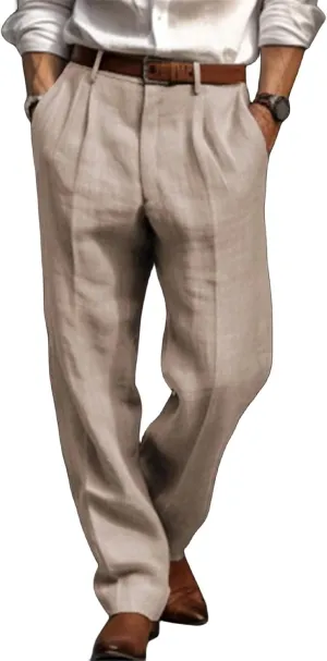 Mens Casual Plain Pants Drawstring Elastic Waist Straight Leg Linen Loose Fit Trousers Breathable Cotton Sweatpants