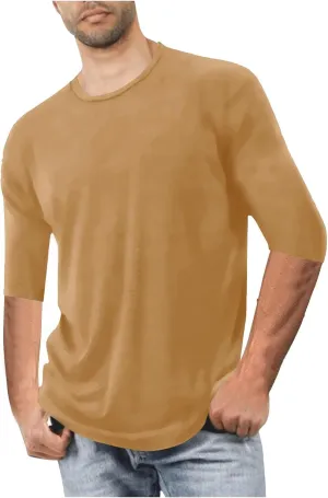 Men's Casual T-Shirts 3/4 Sleeve Crew Neck Athletic Gym Tees Stretch Slim Solid Baggy Sport Fitness Workout Shirts