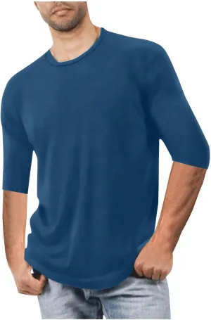 Men's Casual T-Shirts 3/4 Sleeve Crew Neck Athletic Gym Tees Stretch Slim Solid Baggy Sport Fitness Workout Shirts