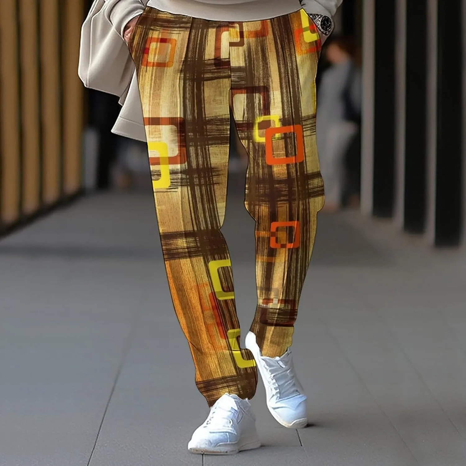 Men's Color Block Slacks Irregular Plaid Printed Casual Pants Beach Vacation Pants Elastic Waist Spring Trousers
