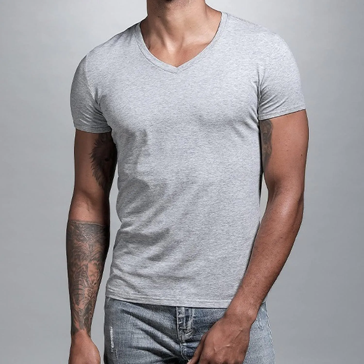 Mens Compression Shirts Stretch V-Neck Short Sleeve Muscle Cut Off Shirts Gym Workout Athletic Active Crewneck Tees
