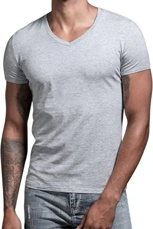 Mens Compression Shirts Stretch V-Neck Short Sleeve Muscle Cut Off Shirts Gym Workout Athletic Active Crewneck Tees