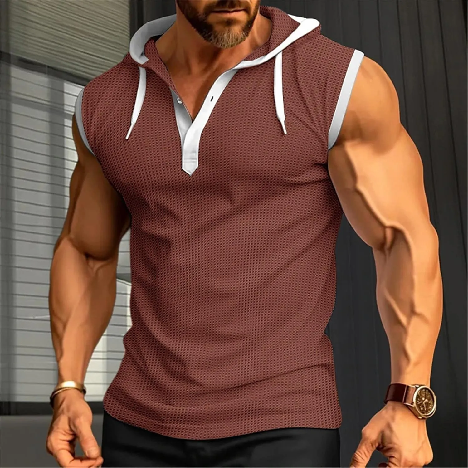 Men's Compression Shirts Trendy V Neck Hooded Pullover Tops Sleeveless Slim Fit Sweatshirt Bodybuilding Gym Tee Solid