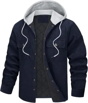 Men's Corduroy Jacket Hooded Coat Casual Hoodies Thicken Work Flannel Snap Sherpa Lined Fleece Shirt Jacket