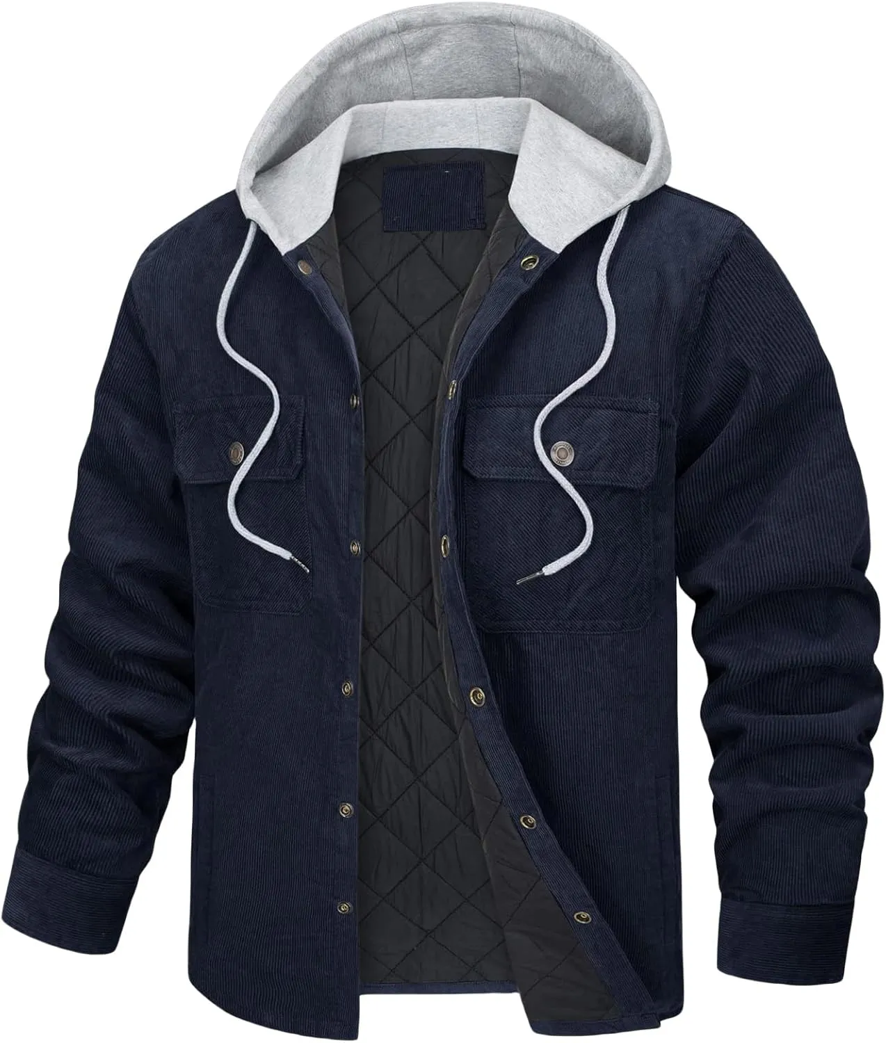 Men's Corduroy Jacket Hooded Coat Casual Hoodies Thicken Work Flannel Snap Sherpa Lined Fleece Shirt Jacket