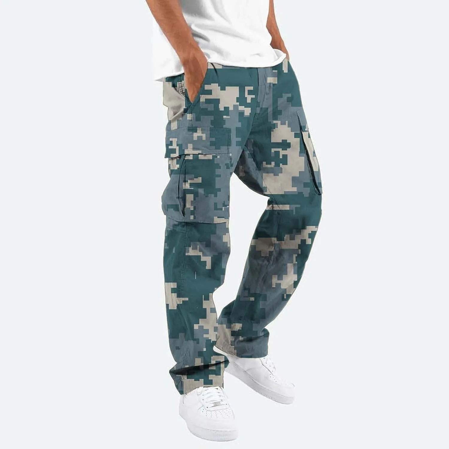Men's Cotton Hiking Tactical Pants Trousers Drawstring Stretch Elastic Waist Lightweight Outdoor Hiking Pants with Pockets