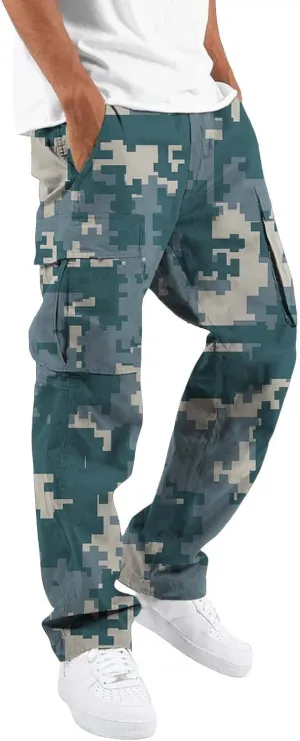 Men's Cotton Hiking Tactical Pants Trousers Drawstring Stretch Elastic Waist Lightweight Outdoor Hiking Pants with Pockets