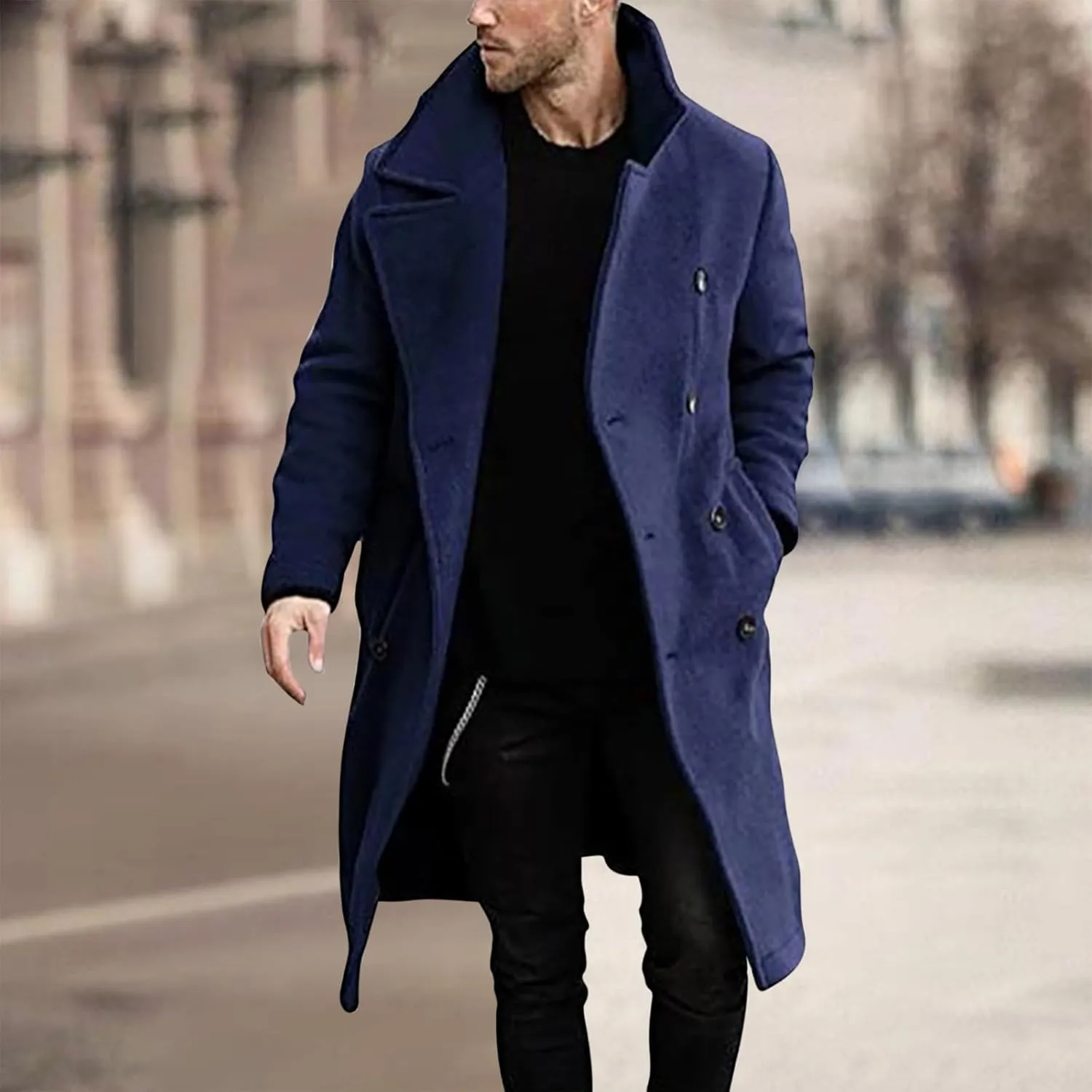 Mens Double Breasted Trench Coat Mid Length Wool Coat Long Sleeve Lapel Coat Casual Open Front Cardigan with Pocket