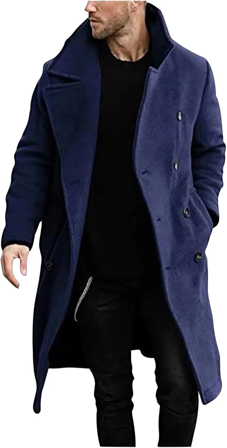 Mens Double Breasted Trench Coat Mid Length Wool Coat Long Sleeve Lapel Coat Casual Open Front Cardigan with Pocket