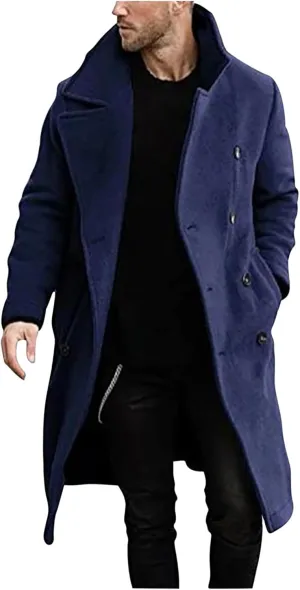 Mens Double Breasted Trench Coat Mid Length Wool Coat Long Sleeve Lapel Coat Casual Open Front Cardigan with Pocket
