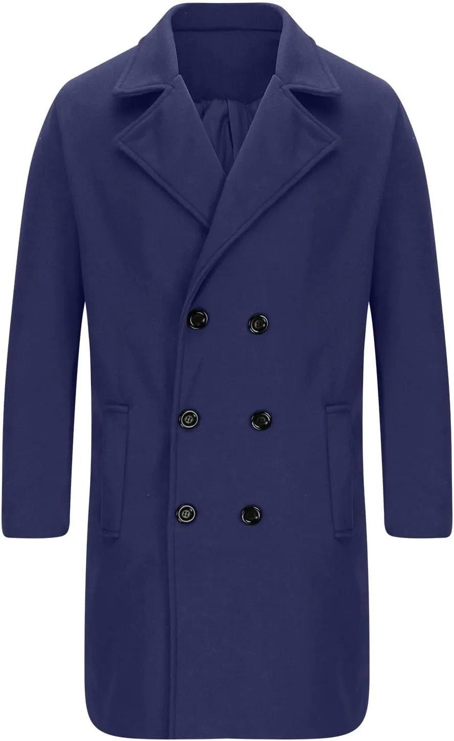 Mens Double Breasted Trench Coat Mid Length Wool Coat Long Sleeve Lapel Coat Casual Open Front Cardigan with Pocket