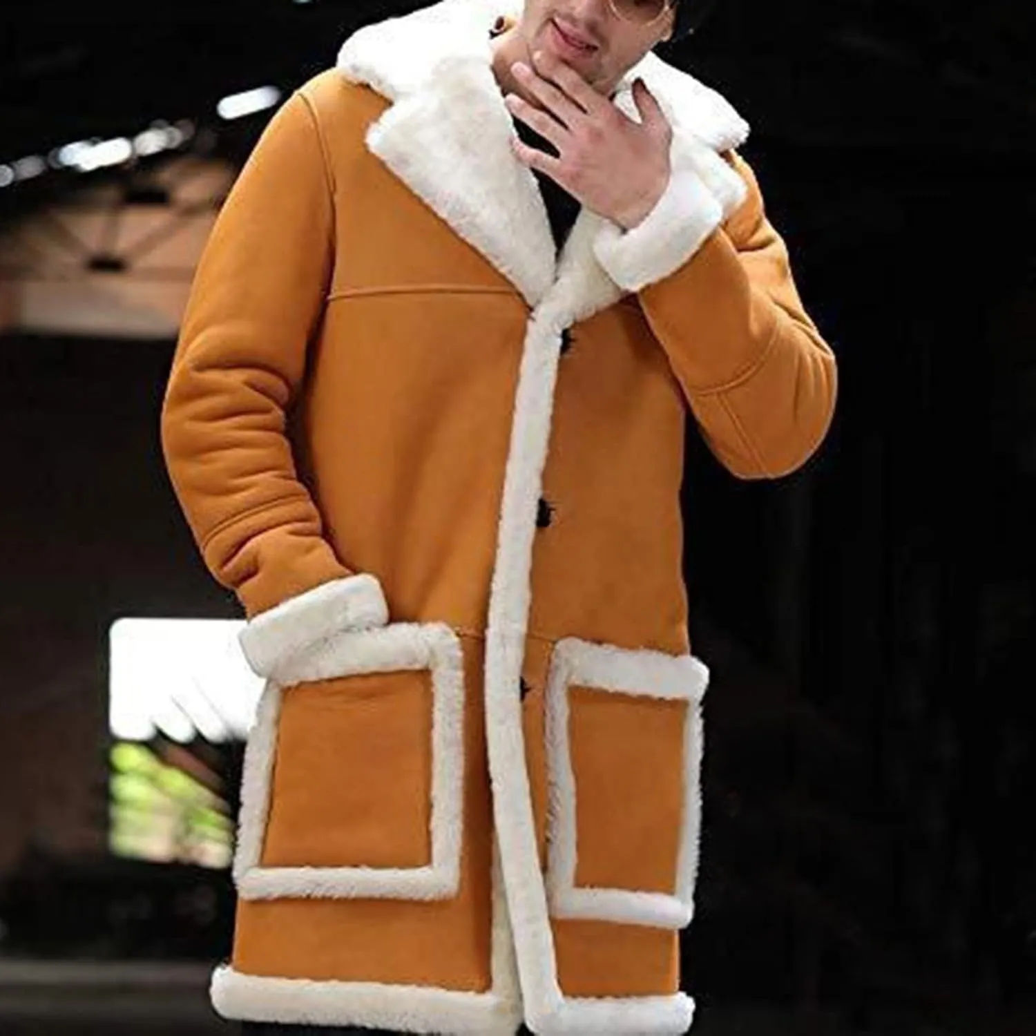 Mens Faux Sherpa Fleece Lined Long Jackets Winter Fur Collar Trench Coat Big and Tall Outwears with Pockets