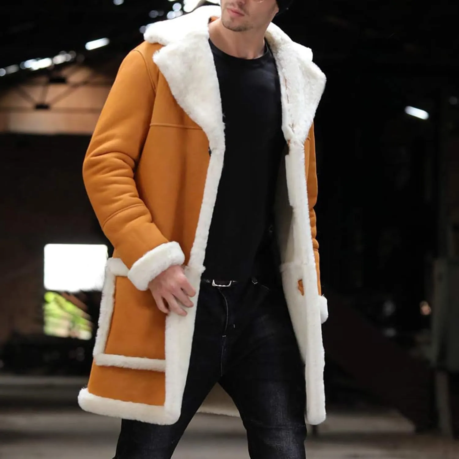 Mens Faux Sherpa Fleece Lined Long Jackets Winter Fur Collar Trench Coat Big and Tall Outwears with Pockets