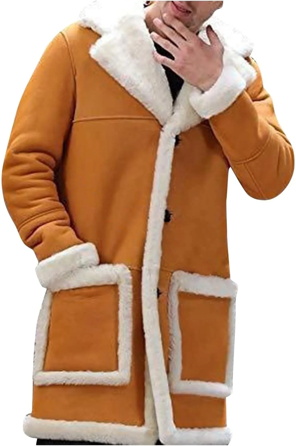 Mens Faux Sherpa Fleece Lined Long Jackets Winter Fur Collar Trench Coat Big and Tall Outwears with Pockets