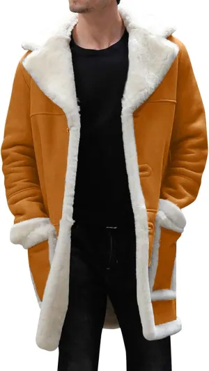 Mens Faux Sherpa Fleece Lined Long Jackets Winter Fur Collar Trench Coat Big and Tall Outwears with Pockets