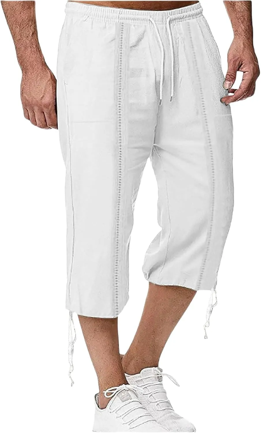 Mens Linen Capri Pants Casual Lightweight Trendy Drawstring Elastic Waist Short Pants Baggy 3/4 Beach Yoga Trousers
